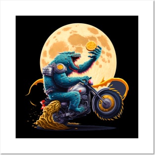 ramen monster in moon of Kanagawa  riding motorcycle eating orange Posters and Art